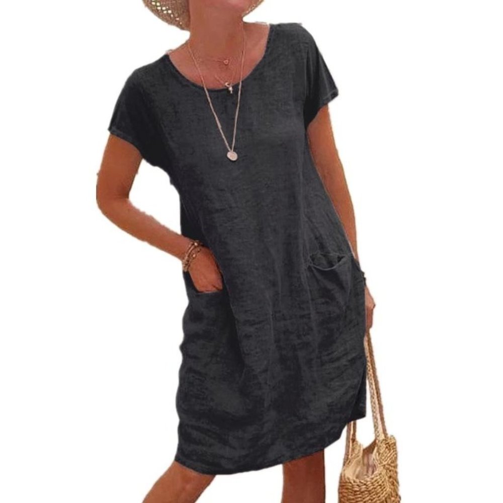 Women's Cotton Linen knee length Dresses with two pockets, black, 3XL